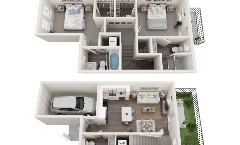 A-2.1TH - 2 bedroom floorplan layout with 2.5 bathrooms and 1029 square feet