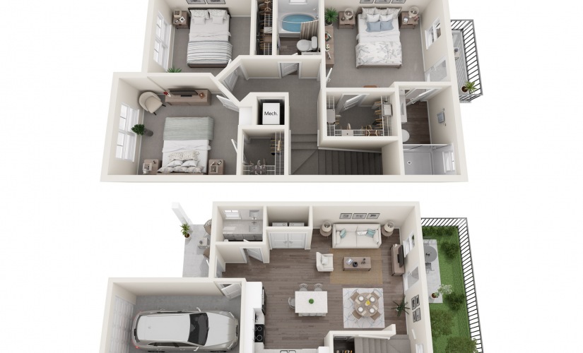 A-3.1TH - 3 bedroom floorplan layout with 2.5 bathrooms and 1274 square feet