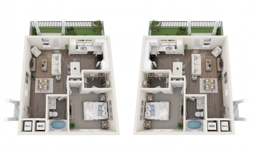 A-1D - 1 bedroom floorplan layout with 1 bathroom and 727 square feet